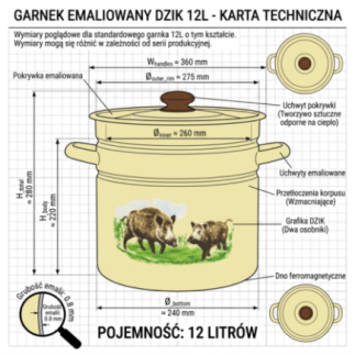 Garnek emaliowany z pokrywką DZIK 12l – EMALIA RYBNIK