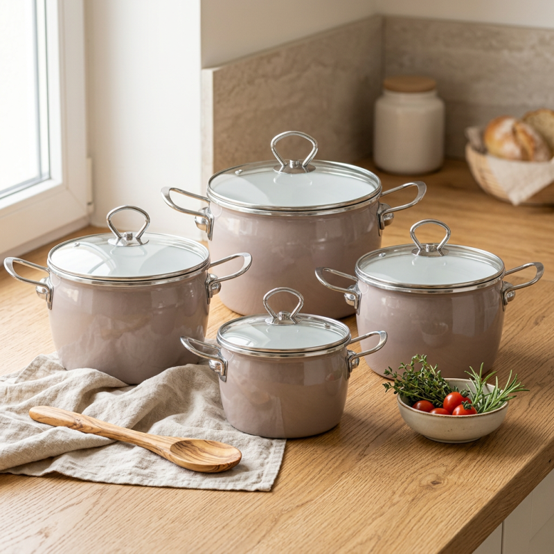 Elegancki zestaw garnków emaliowanych Moderno mokka 8 elementów 2,3/3/4/5,5l Elegancki zestaw garnków emaliowanych Moderno mokka 8 elementów 2,3/3/4/5,5l