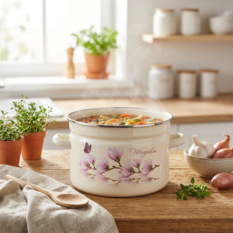 Garnek emaliowany z pokrywką MAGNOLIA kremowy 9l Garnek emaliowany z pokrywką MAGNOLIA kremowy 9l