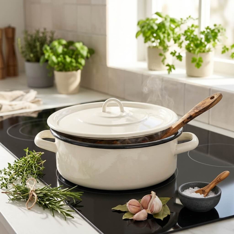 Garnek emaliowany niski 3,8 l kremowy z pokrywką 26 cm indukcja Garnek emaliowany niski 3,8 l kremowy z pokrywką 26 cm indukcja